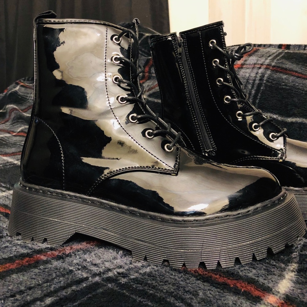 Platform Faux Patent Leather Combat Boots